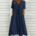 thumbnail image 6 of Taqqpue Women Linen Dress V Neck Short Sleeve Sundress Loose Fit Casual Beach Vacation A Line Dress Solid Color Plus Size Dresses with Pockets for Women, 6 of 7