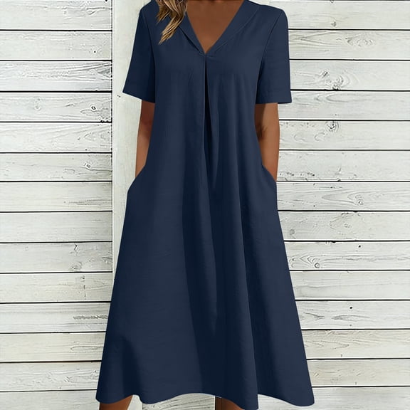 Danhjin Women's Summer Short Sleeve Linen Flowy V Neck Dress Casual Loose A-Line Midi Long Beach With Hem Dress Vacation Outfits Wrinkle-Free