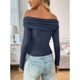thumbnail image 2 of Womens Long Sleeve Off Shoulder Shirts Tight Fitted Y2K Ruched Tee Tops Blouses 2025 Trendy Outfits Navy Blue XL, 2 of 7