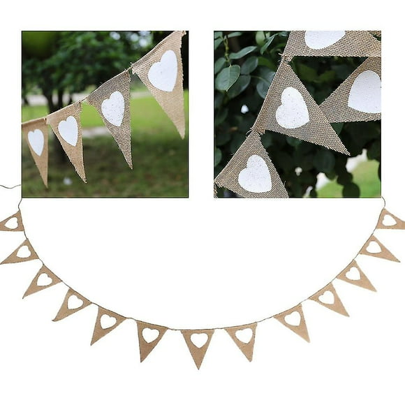 Vintage Burlap Bunting Banner, Reusable Linen Bunting Garland, Triangular Heart Shape Prints For Home Party Decoration