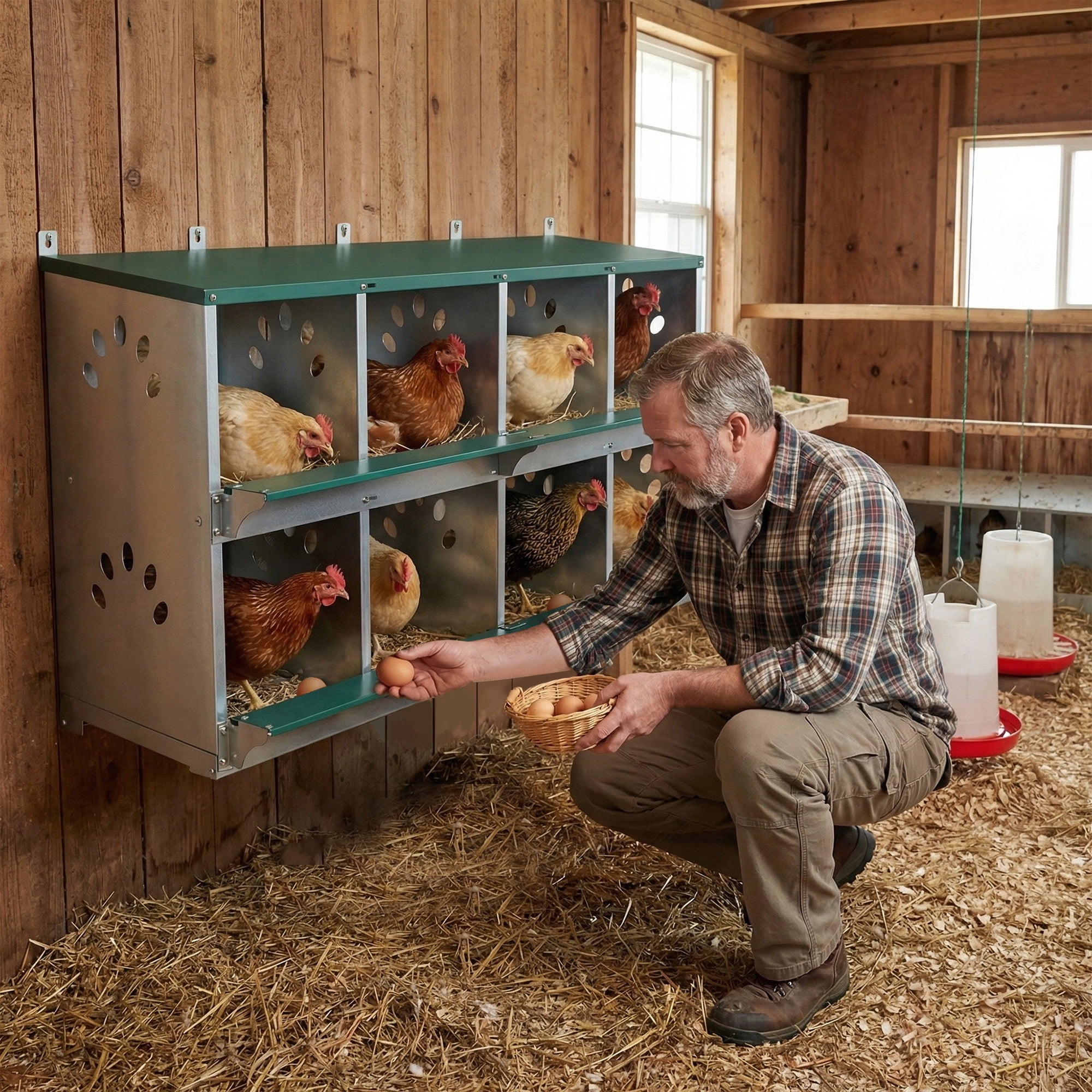 8 Compartment Galvanized Steel Chicken Nesting Boxes, Wall Mount Poultry Laying Box with Large Vents, Roll-Out Egg Design for Hens (Green)