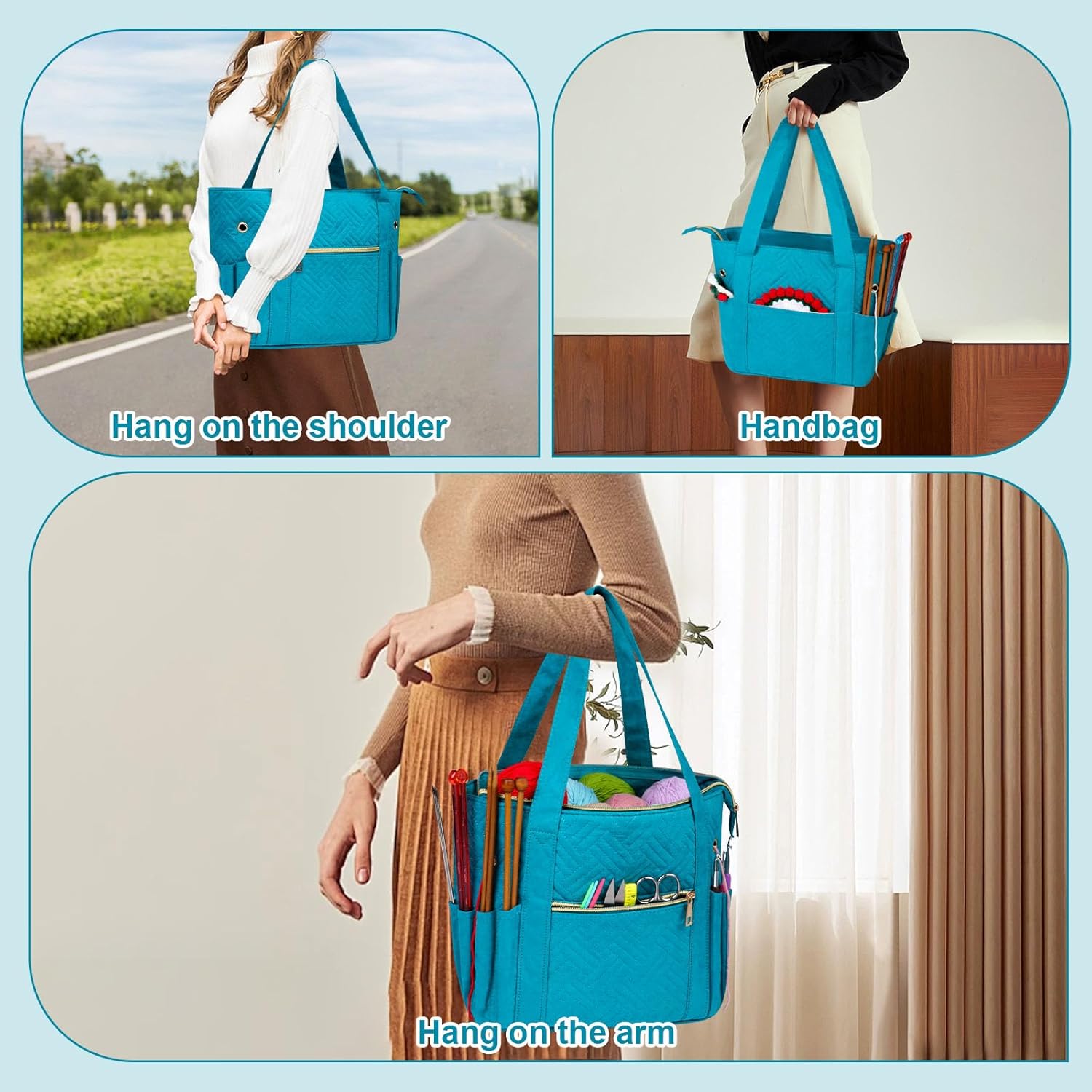 Crochet Bag Organizer for Yarn Storage, Velvet Knitting Tote Bag with Double Handle for Crochet Accessories, Portable Travel Case for Yarn Balls, Crochet Hooks& Knitting Needles Holder (Teal)
