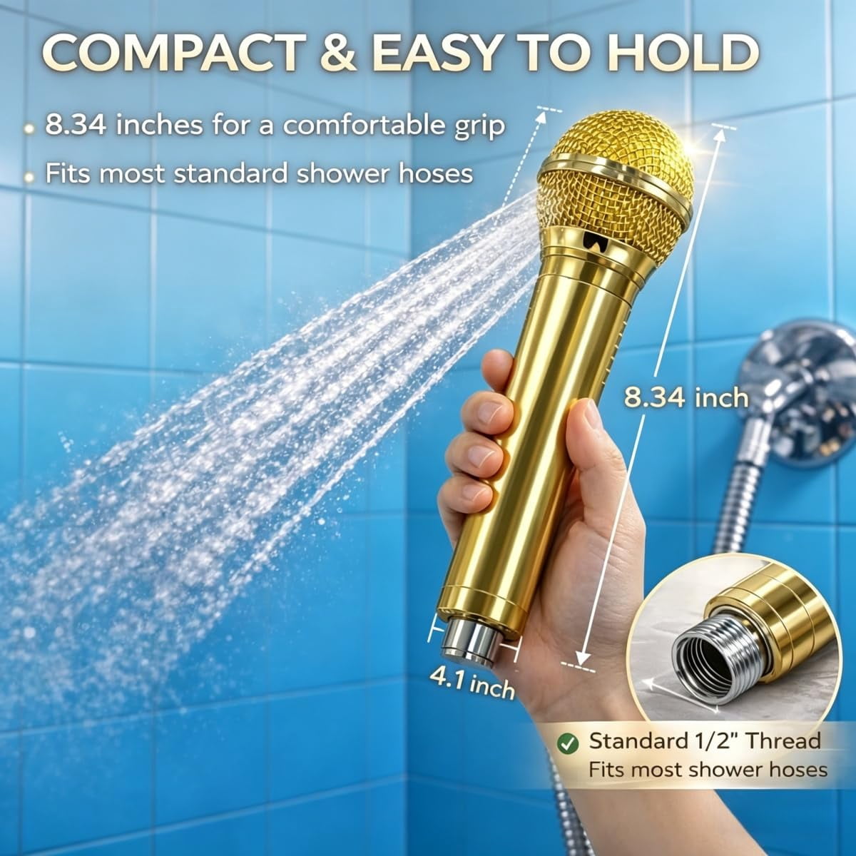 2026 High-Pressure Microphone Shower Head, Microphone-Shaped Creative Showerhead, Handheld Vintage Detachable Rain Flow, Easy Installation, Water Saving Design, Fun Bath Accessory