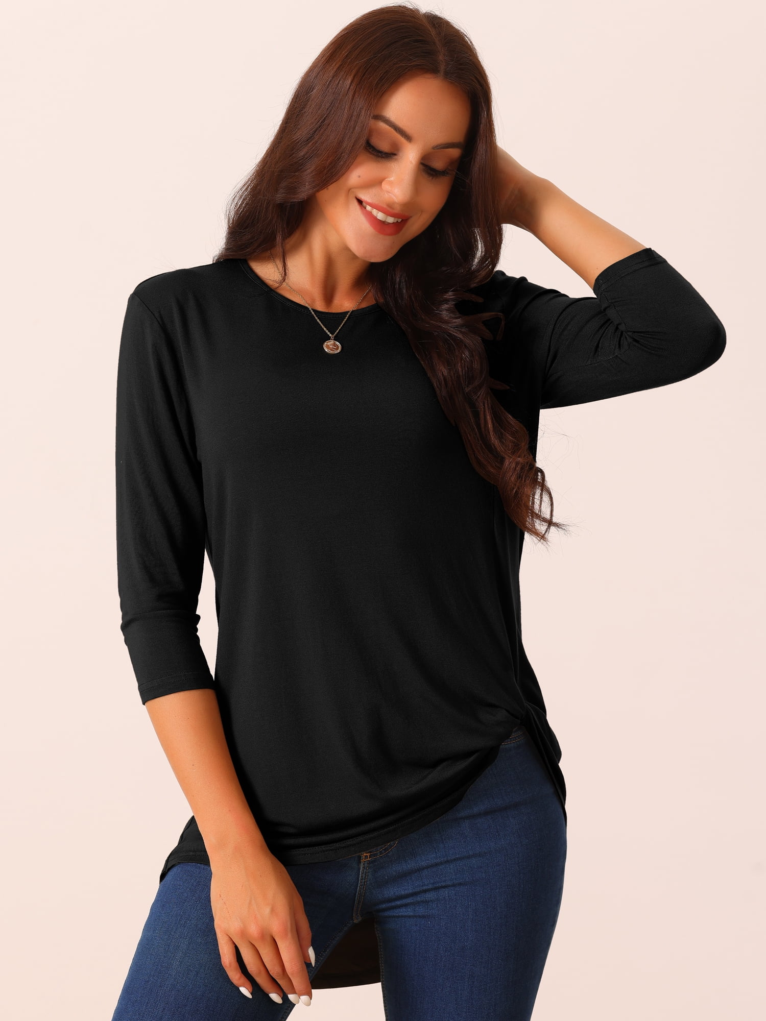 DARING DIVA Women's Tunic Top Crewneck 3/4 Sleeve Asymmetrical Blouse Black M
