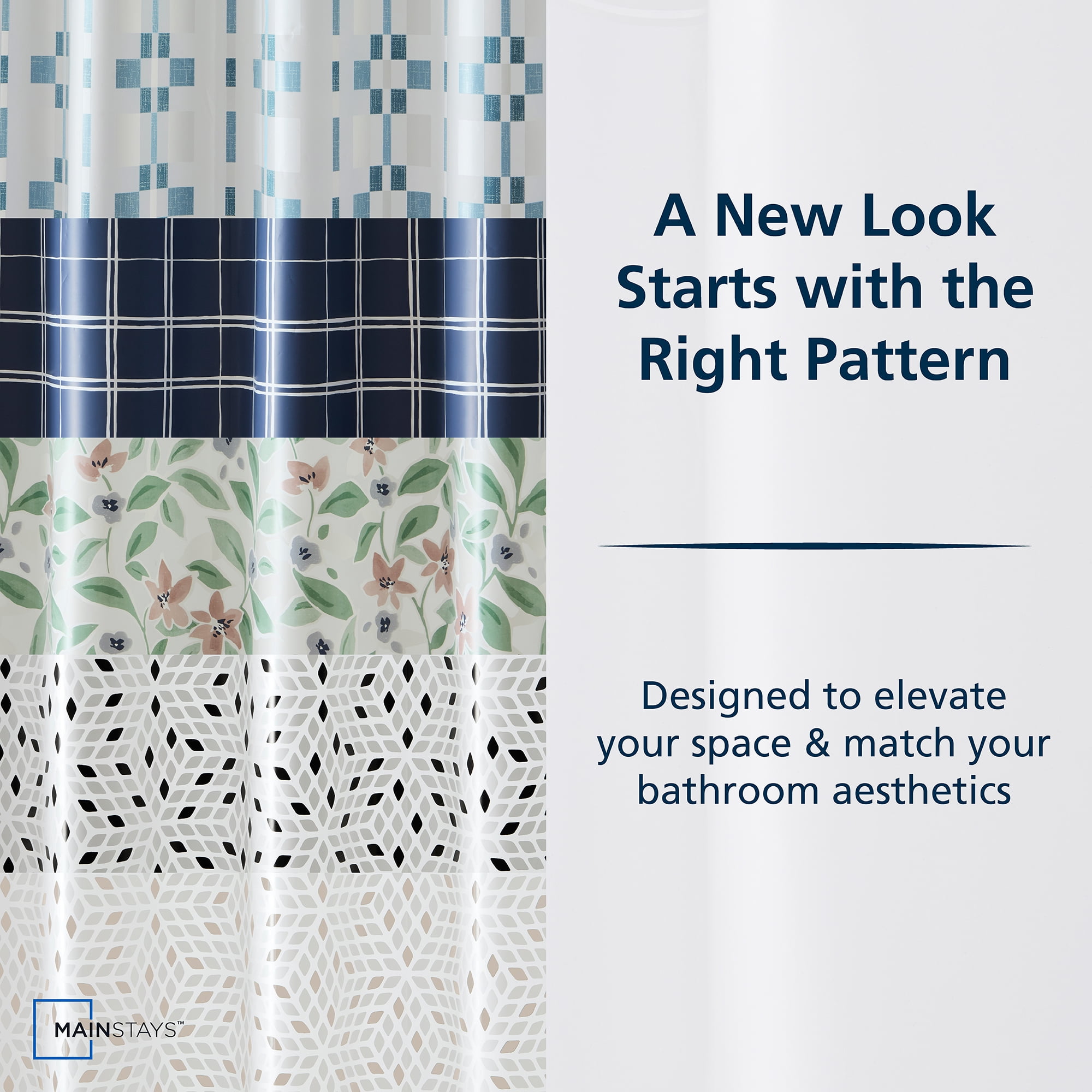 Mainstays Printed PEVA Shower Liner Set, 12 Metal Hooks 70"x72" - Beige Mosaic Diamond