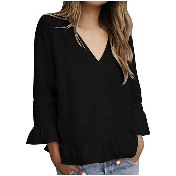 Vestidos Casuales Para Mujer, Blusas De Mujer De Moda Camiseta/camiseta de manga larga con cuello en V y mangas de encaje de lino sintético para mujer, primavera e invierno