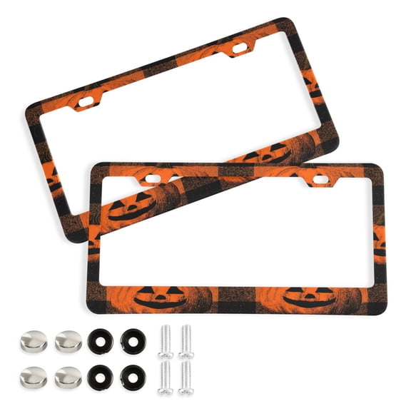 2-Pack Aluminum License Plate Frame with 2 Holes for GM License Plate Cover with Free Screws Orange Striped Smiley Pumpkins