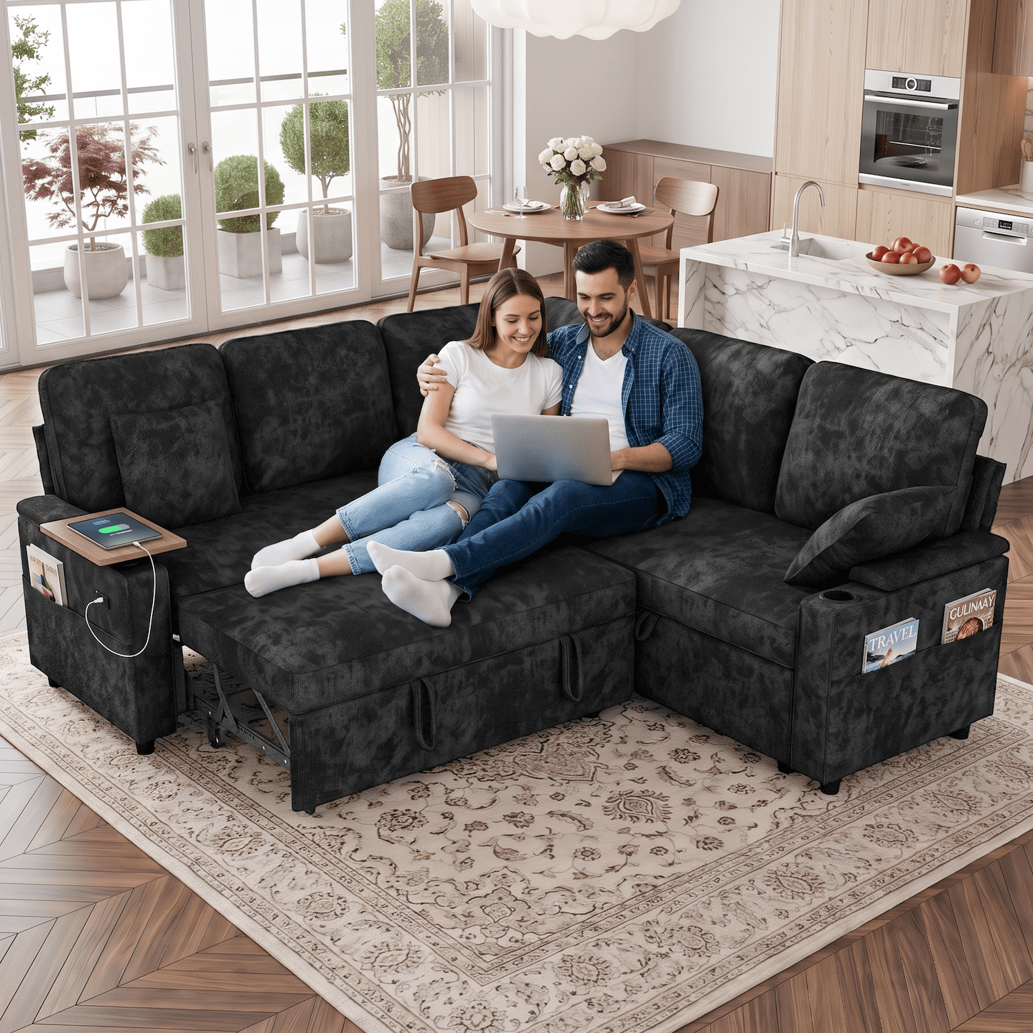 Xiweot 81" Modular Sectional Sleeper Sofa with Pull Out Couch, L Shaped Sofa Bed with Storage, Adjustable Backrest, USB Ports & Small Table, 5 Seaters Chenille Sofa for Living Room (Black)