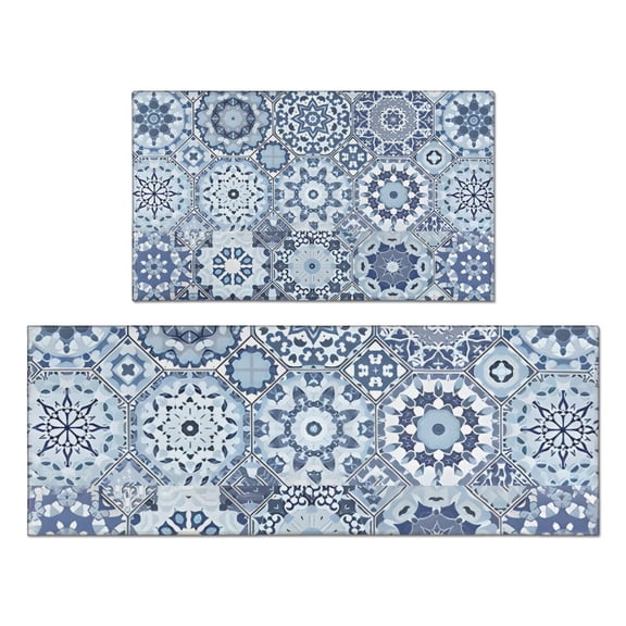 Blue Ethnic Geometric Pattern Kitchen Rugs Sets Of 2,Anti Fatigue Kitchen Mat Rugs Non Slip Washable,Decorative Kitchen Floor Mats for Kitchen,Sink,Laundry,17"x30" 17"x47"