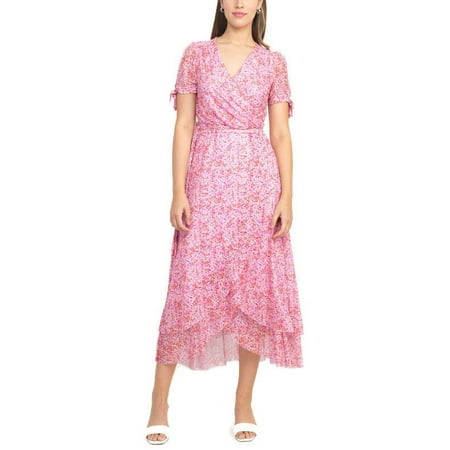 Laundry V-Neck Short Tie Sleeve Tie Waist Multi Print Mesh Dress-PLAYFUL FLORAL / 12