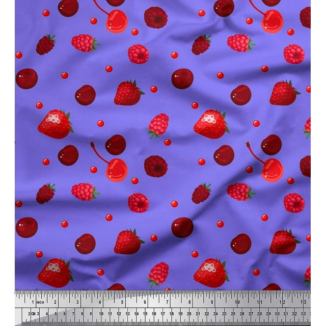 Soimoi Polyester Crepe Fabric Raspberry,Strawberry & Cherry Fruits Print Fabric by The Yard 42 Inch Wide