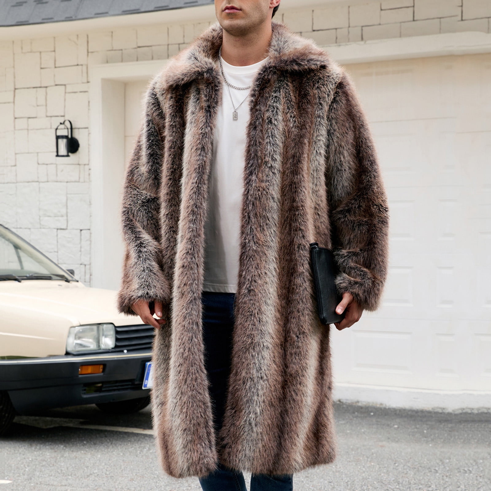 COSFO Casual Mens Winter Coats Open Front Brown Faux Fur Outerwear