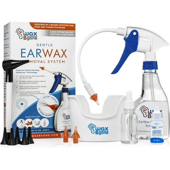 WaxBgone Ear Wax Removal Kit with SoftSpray Ear Irrigation Tips Otoscope Basin and Ear Drops