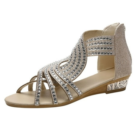 

TAIAOJING Women s Sandals Spring Summer Wedges Open Sandals Zipper Rhinestone Shoes Zapato