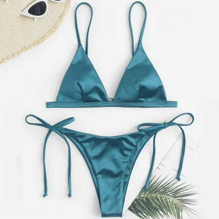 Daznico Women s Solid Silk Lace Up Two Piece Bathing Suit Women Bandeau Bandage Bikini Set Push Up Brazilian Swimwear V Neck Sleeveless Beachwear