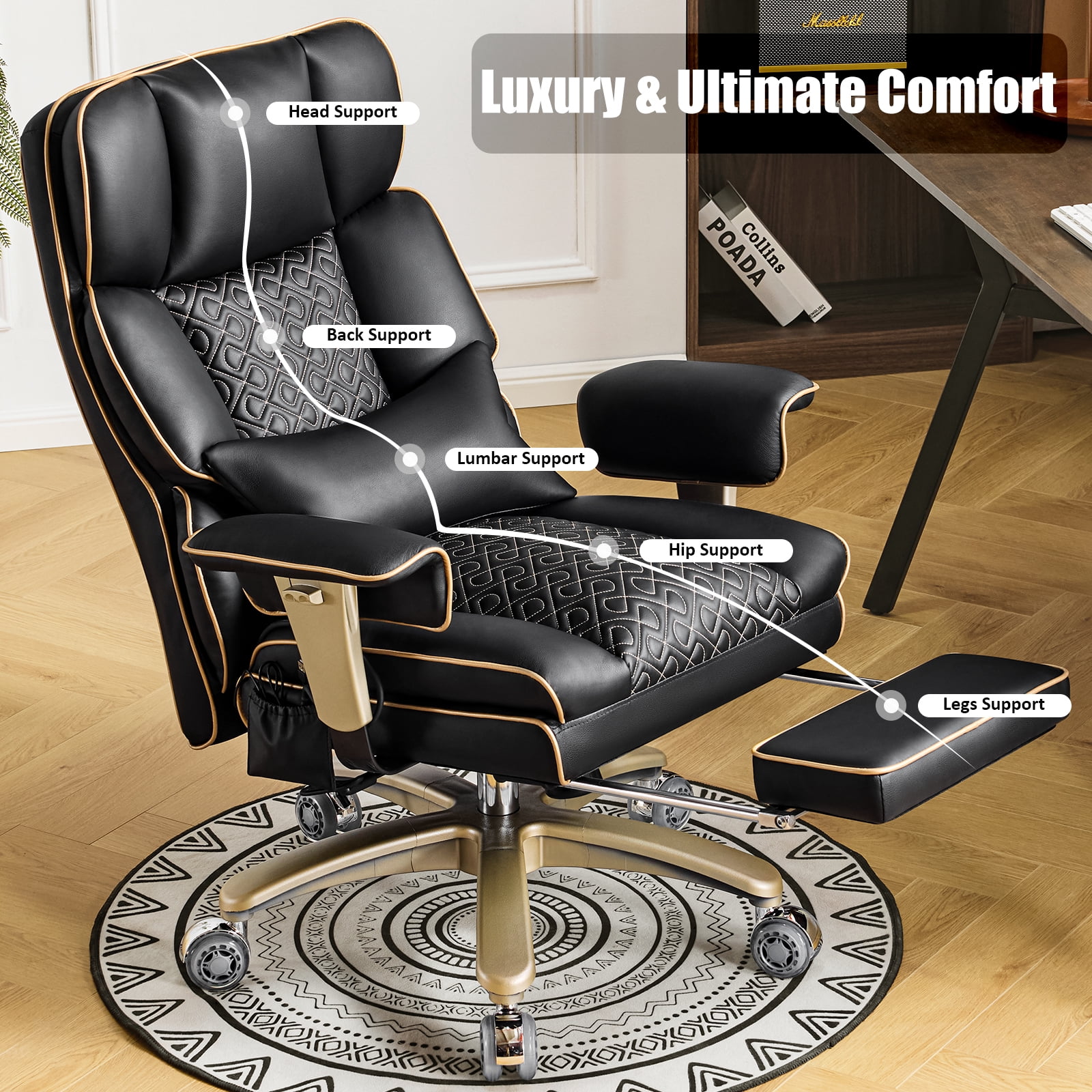 Falvinoryn Big and Tall Office Chair, Heavy-Duty Executive Office Chairs with Adjustable Lumbar and Quiet Rubber, Ergonomic High Back Computer Desk Chair, Black