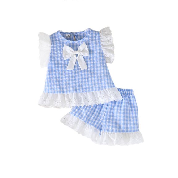 Bobifish Toddler Girls Outfit Sets Ruffle Sleeve Lace Bow Plaid Top Shorts Summer Casual Outdoor Children Girls Sets