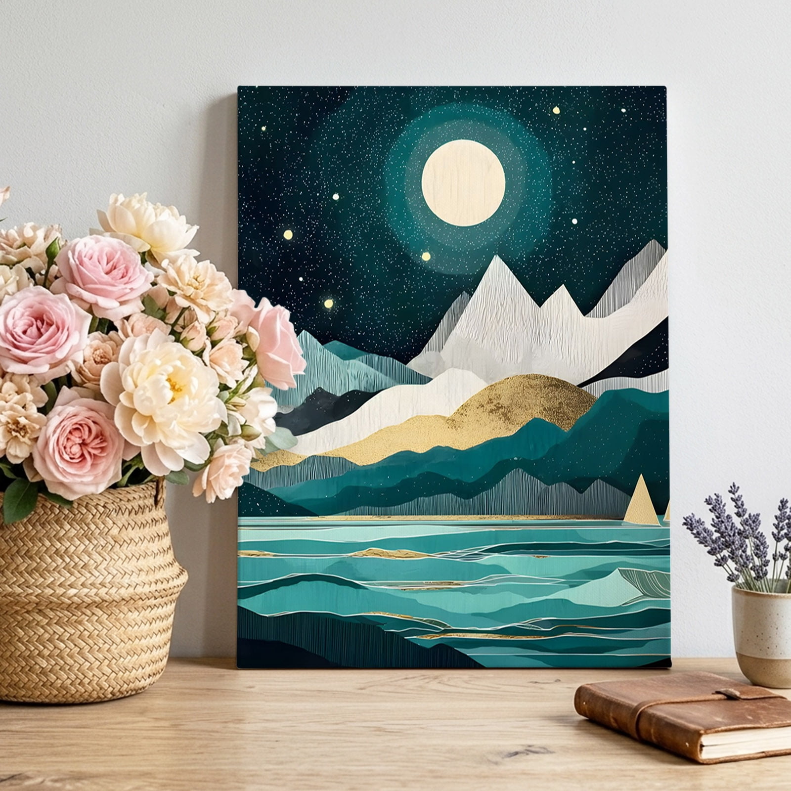 Moon Lake Canvas Wall Art for Living Room Teal Silver Snowy Mountains Landscape Starry Night Poster Print Painting for Desk Vanity Narrow Stair Wall Decoration Wall Pictures Prepare To Hang 8 x10