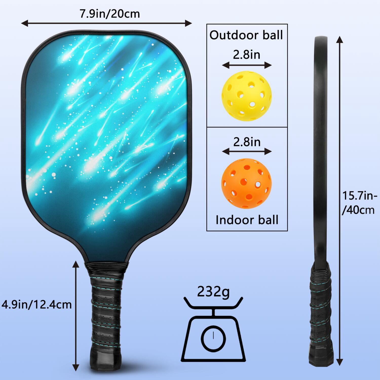 Pickleball Paddles Set Of 1, Fiberglass Surface, Speed, Lightning, Thunder Print, 1 Paddle, 2 Balls & Bag