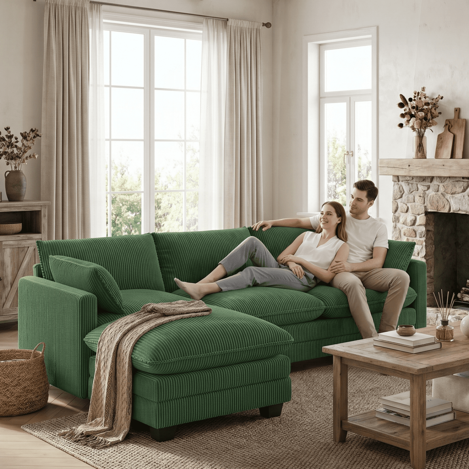 110'' Oversized L Shaped Couch for Living Room, Noelse Cloud Couches with Washable Corduroy Cover, Modern 4-Seater Comfy Deep-Seat Sofa with Movable Otteoman and 2 Throw Pillows, Green, Clearance