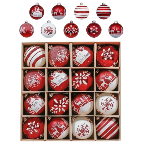 Valery Madelyn 16ct 3.15" Christmas Ornaments, Red White Christmas Hanging Tree Ornaments for Party Decor