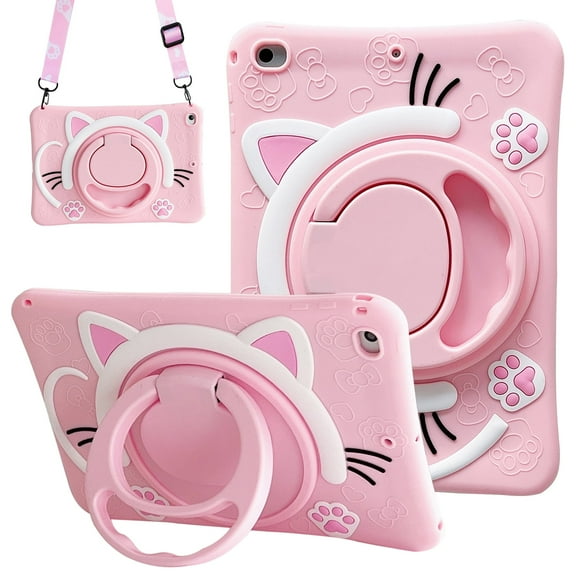Kids Case for Apple iPad A16 11" 11th 10th Gen 10.9" 2025 2022, Cute Design EVA Kickstand Heavy Duty Shockproof Kids Friendly Bumper Case with Shoulder Strap Cover for iPad 11th 10th Gen, Pink Cat