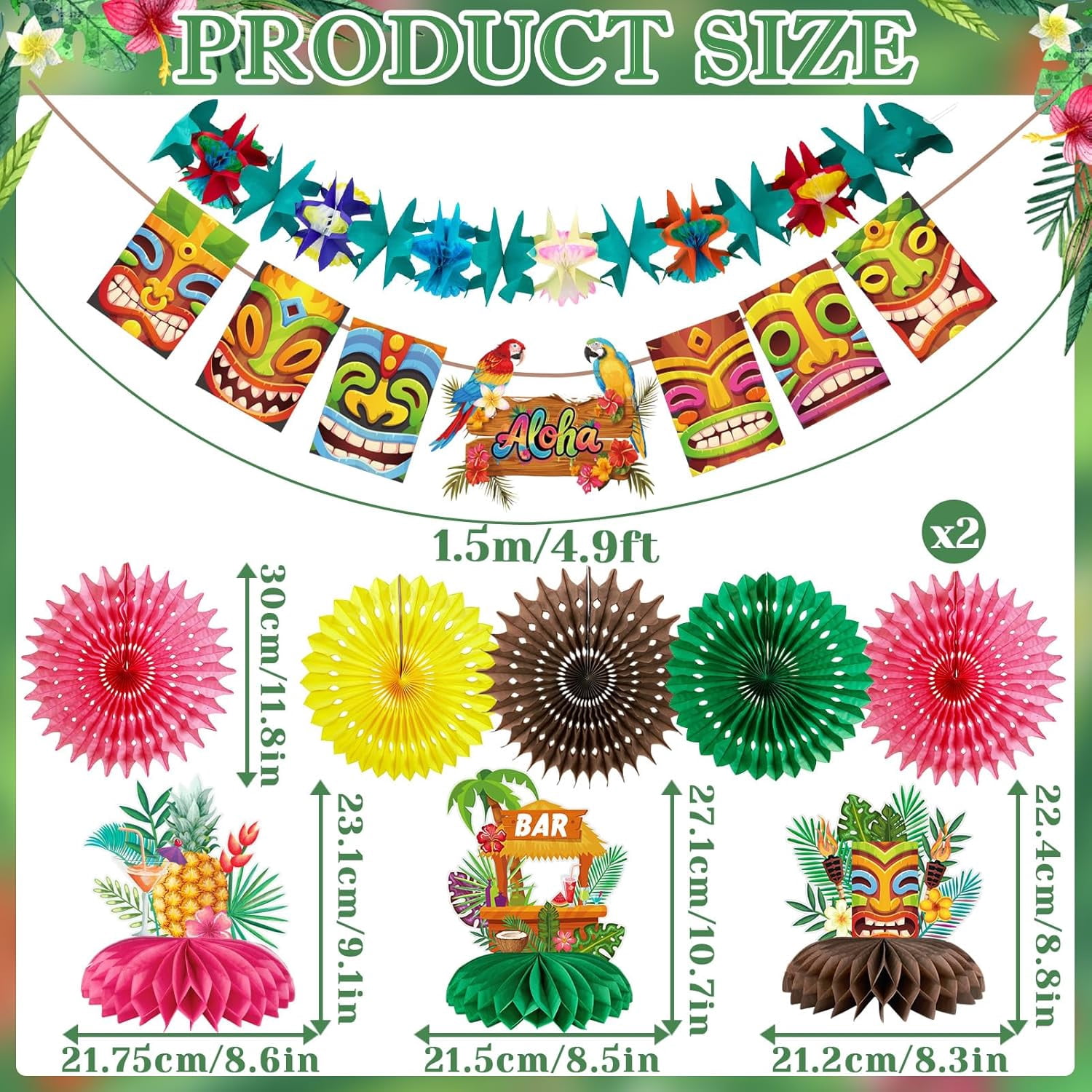Hawaiian Luau Party Decorations Tropical Beach Aloha Palm Leaves Garland Luau Honeycomb Table Centerpiece Tissue Pom Poms Paper Fans Tiki Totem Hanging Decor Tropical Summer Beach Pool Party Supplies