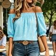 thumbnail image 6 of Ayolanni Ruffled Shirts for Women Short Sleeve V-Neck Plaid Elastic Blouse Puff Off the Shoulder Loose Casual T-Shirt Tops for Women Blue L, 6 of 8