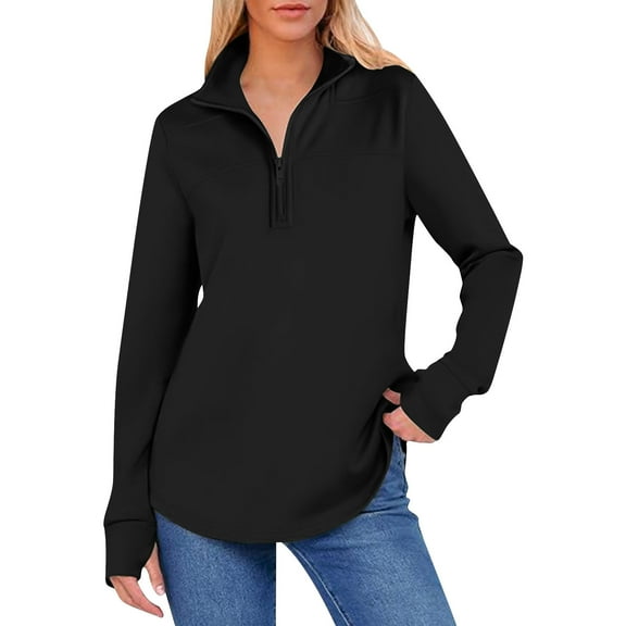 Fanxing Half Zip Sweatshirts for Women with Thumb Holes Trendy Stand Collar Pullover Tops Casual Loose Long Sleeve Hooded Tops Black L