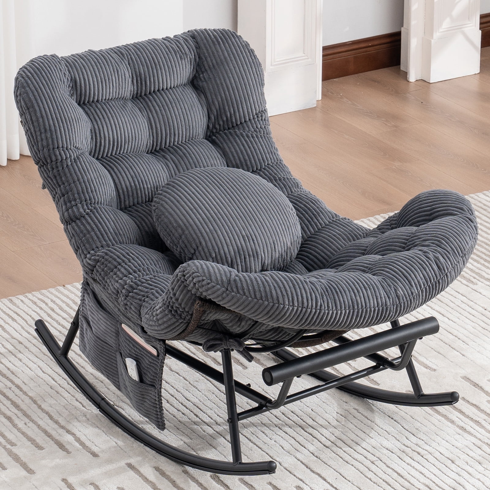 MOONMISS Outdoor Rocking Chair with Footrest, Indoor Oversized Comfort Reading Chair Cover with Cushion, Patio Rocking Chair Lounger, Dark Gray