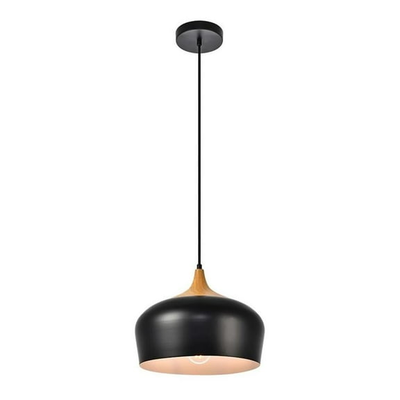 Maklaine Transitional 1 Light Aluminum Pendant in Black & Natural Wood