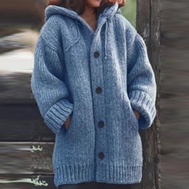 WREESH Manteau Chandail Tricoté Chaud à Capuche pour Femme, Couleur Unie, à Simple Boutonnage, avec Poches