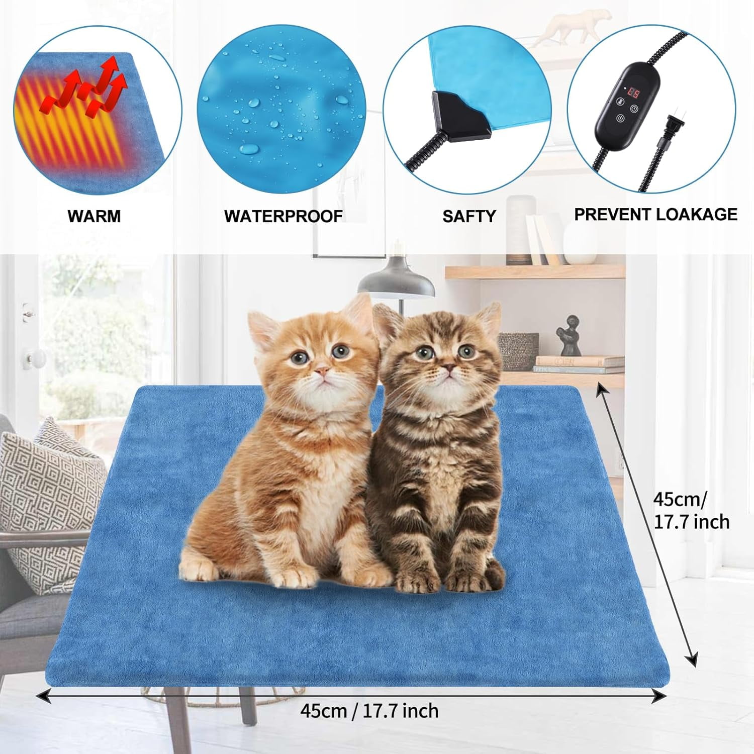 Pet Heating Pad for Cats Dogs Indoor Outdoor   Heated Pads Mat with Stainless  Resistant Cord 5 Timer and 6 Level Temperature Warming Pad Bed Warmer-17.7x17.7