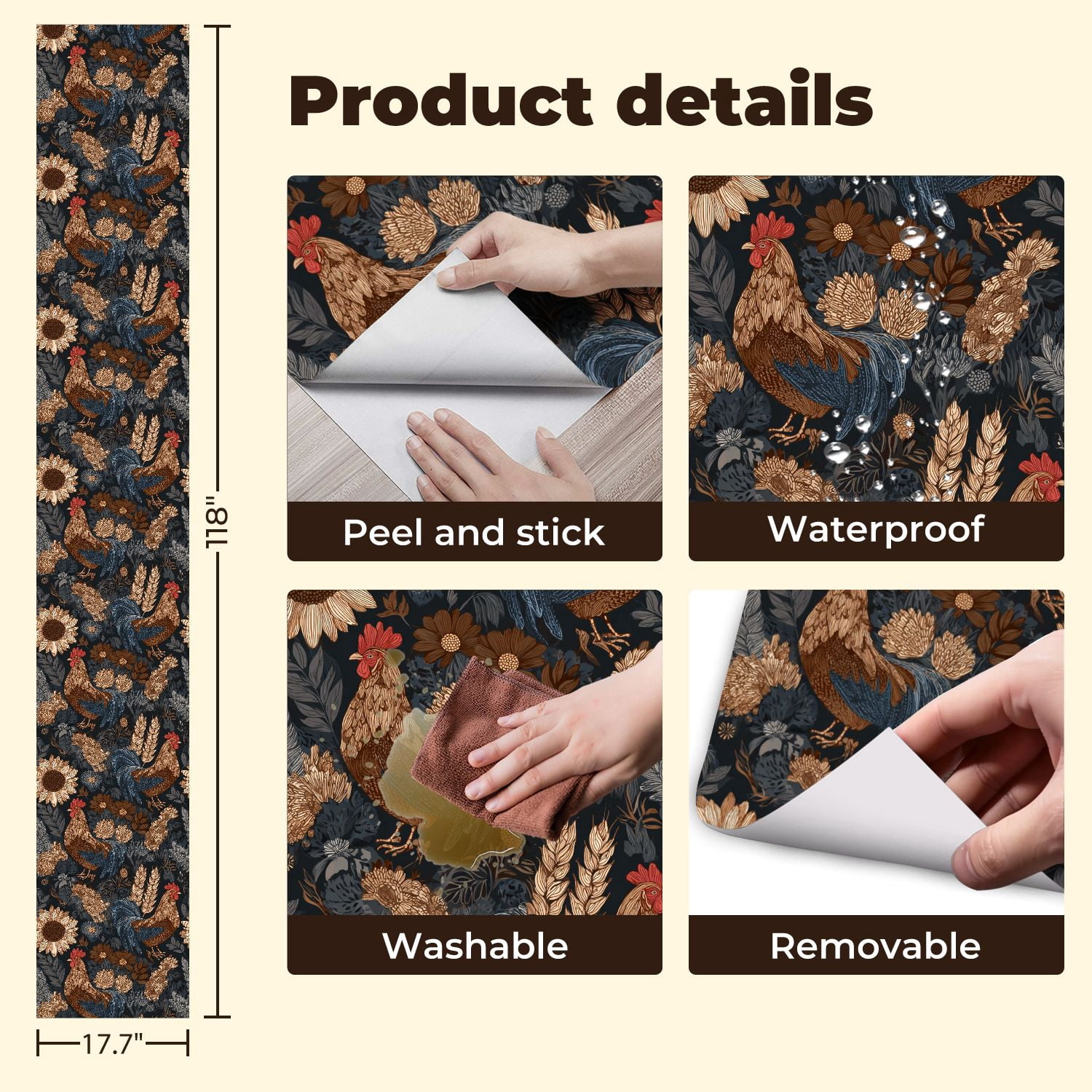 Chicken Peel and Stick Wallpaper Rustic Floral Rooster Sunflowers Daisies Wall Mural 17.7in x 9.8ft Self Adhesive Removable Wall Paper Renter Friendly Wallpaper for Nursery Bedroom Cabinets