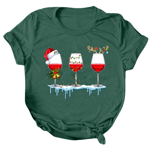 Gibobby Camisa navideña mujer Navidad Copa de de nieve Muñeco de nieve Estampado O Cuello Camiseta Blusa Manga corta(Verde,CH)