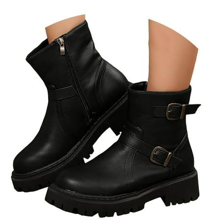 

Oyedens Platform Combat Boots for Women Vintage Casual Leather Mid Calf Motorcyle Riding Boots
