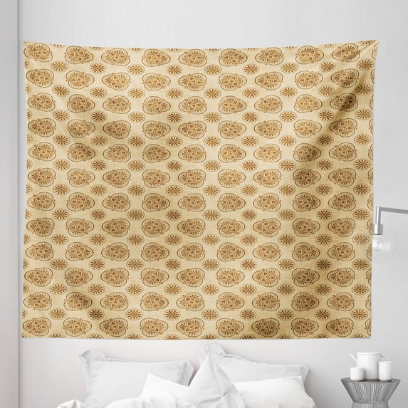 Retro Tapestry, Worn out Looking Retro Print with Interlacing Circles and Flower Petals, Fabric Wall Hanging Decor for Bedroom Living Room Dorm, 5 Sizes, Tan and Caramel, by Ambesonne