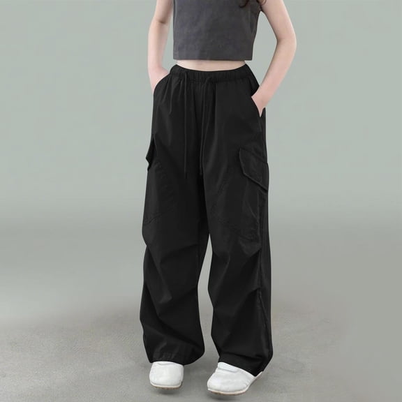 FAIOROI Girls Straight Leg Cargo Pants with Pockets, Black Loose Fit Long Pants, Elastic Waist, Size 11 T for Kids