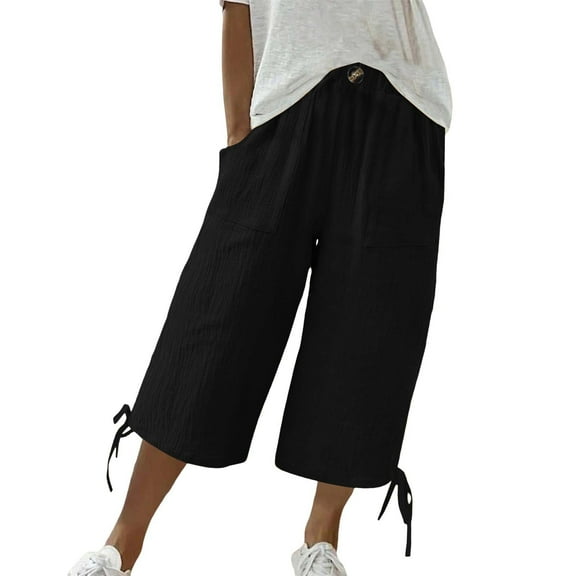 Uqiangy Linen Palazzo Trousers Women's Linen Wide Leg Capri Pants Waist Flowy Pants Linen Pants Women Plus Size High Waisted Drawstring Capris Linen Cropped Pants Women Boho Capris For Women L