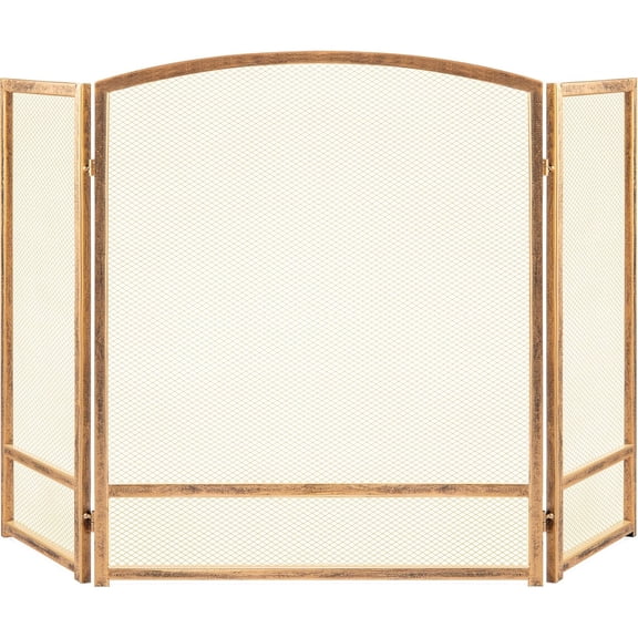 47.5x27.25in 3-Panel Simple Steel Mesh Fireplace Screen, Fire Spark Guard Grate for Living Room Home Decor w/Rustic Worn Finish - Antique Gold