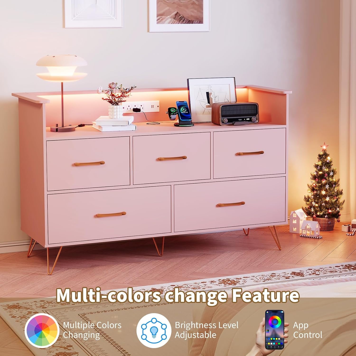 5 Drawer Dresser for Bedroom, 47 in Modern Wooden Dresser with LED Lights & Charging Station, Wide Chest of Drawers Storage Organizer for Nursery Hallway Apartments, Pink