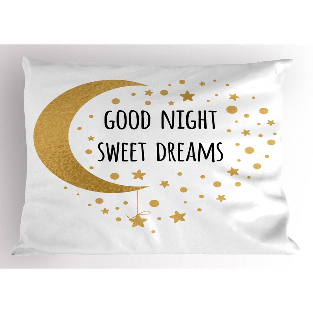 Sweet Dreams Pillow Sham Cheerful Calligraphy with Moon Stars and Dots