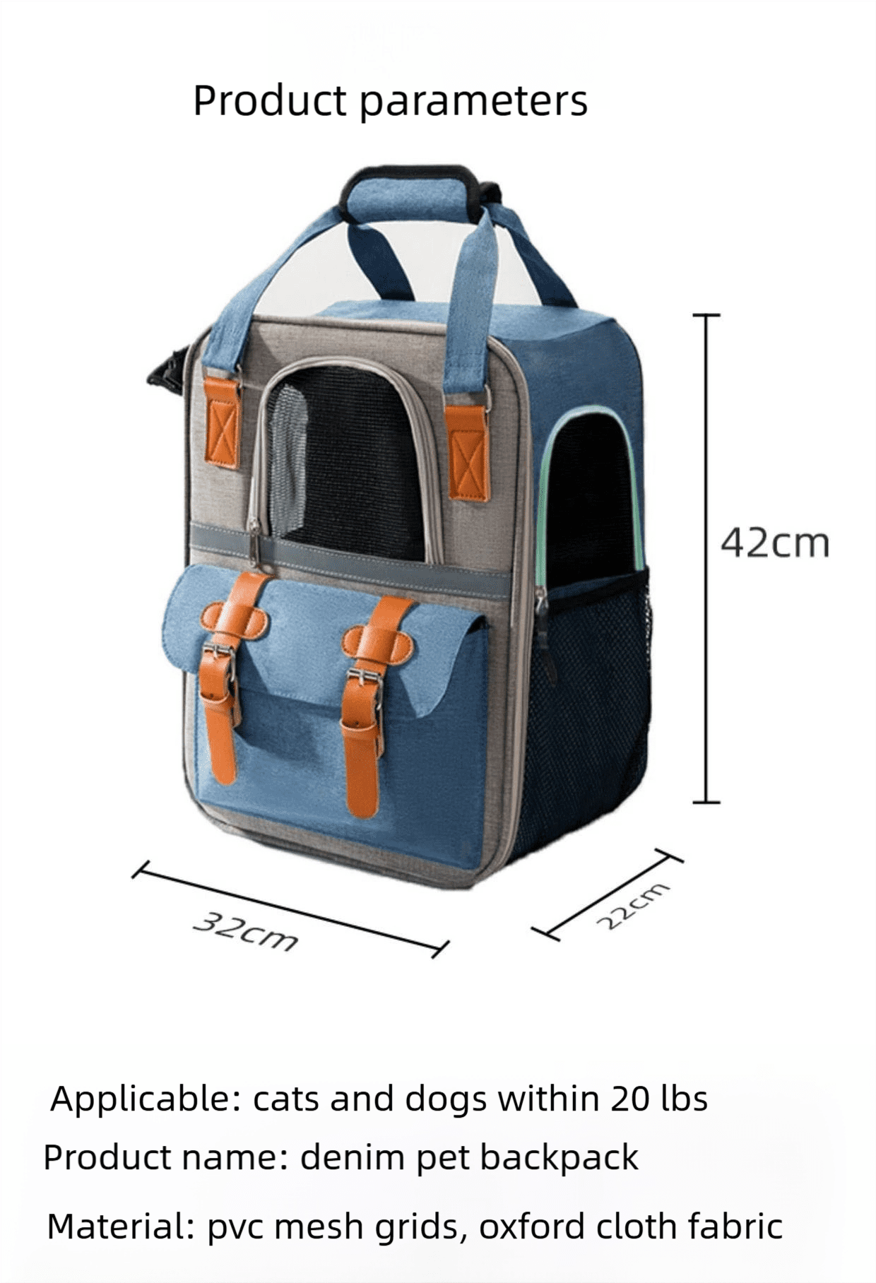 Large Capacity Pet Backpack for Cats & Small Dogs, Ventilated Travel Carrier with Reflective Strip, Foldable Design, 32x22x42cm