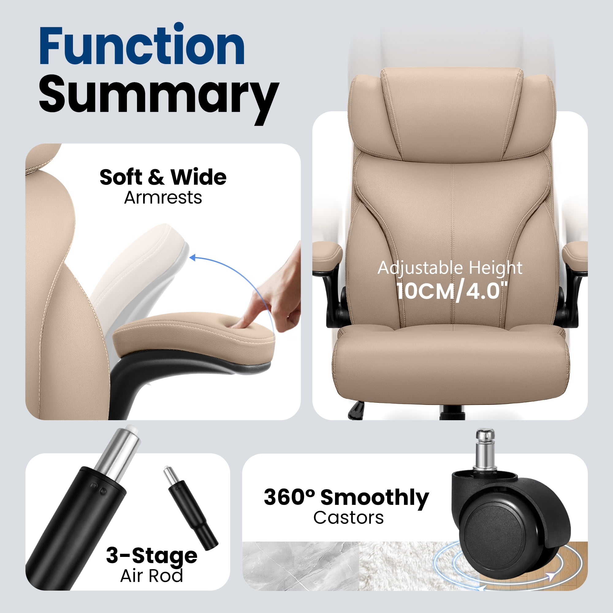 STACOO High Back Executive Office Chair 400lbs, Big and Tall Ergonomic Desk Chair with Lumbar Support & Flip-up Armrests, PU Leather Swivel Chair with Adjustable Height – Beige
