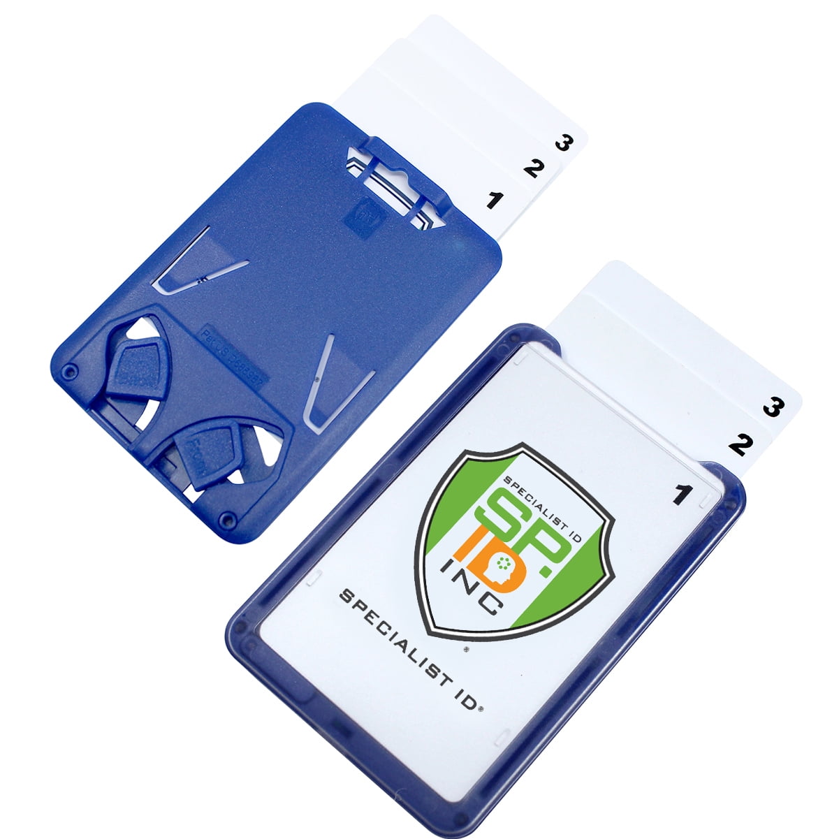 2 Pack - 3 Card Badge Holder Up to Three ID Badges - Heavy Duty Vertical  Rigid Hard Plastic Case for Multiple Cards - Polycarbonate - Tactical CAC,  Smart & Swipe I'd Holders by Specialist ID (Blue) 