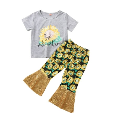 

Canrulo Toddler Baby Girls Outfits Short Sleeve Flower Print Top Print Sequin Flare Pants Set Kids Clothes Gray 4-5 Years