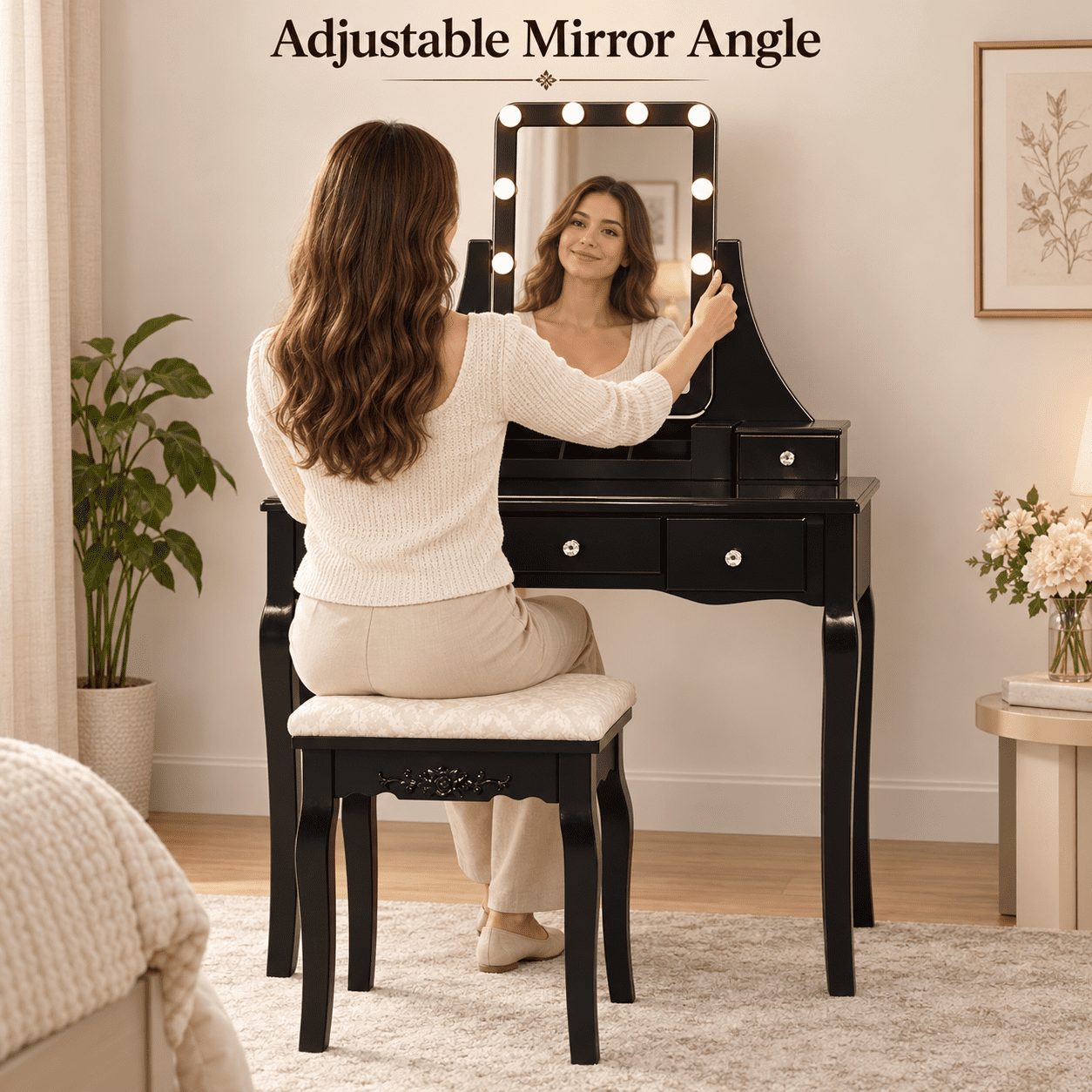 Furnibear Vanity Dressing Table with 10 Dimmable Light Bulbs and Cushioned Stool, Makeup Vanity Desk with 5 Drawers and Rotating Mirror, Black