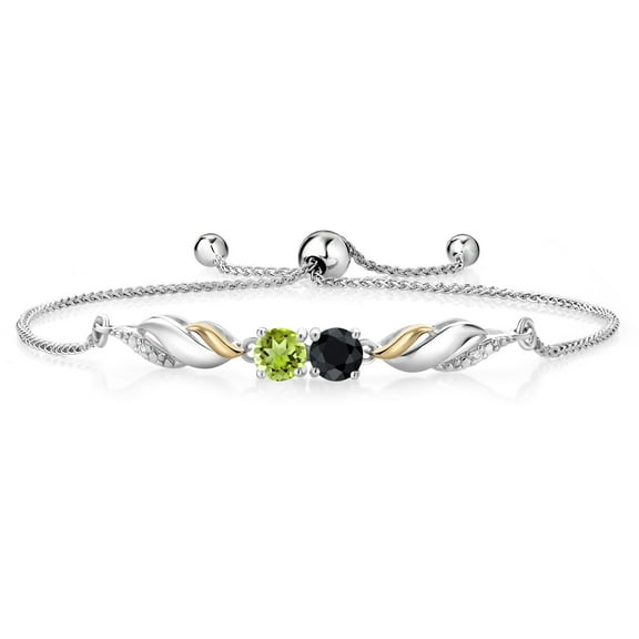 Gem Stone King 1.26 Ct Round Black Sapphire Green Peridot 925 Silver and 10K Yellow Gold Lab Grown Diamond Bracelet for Women