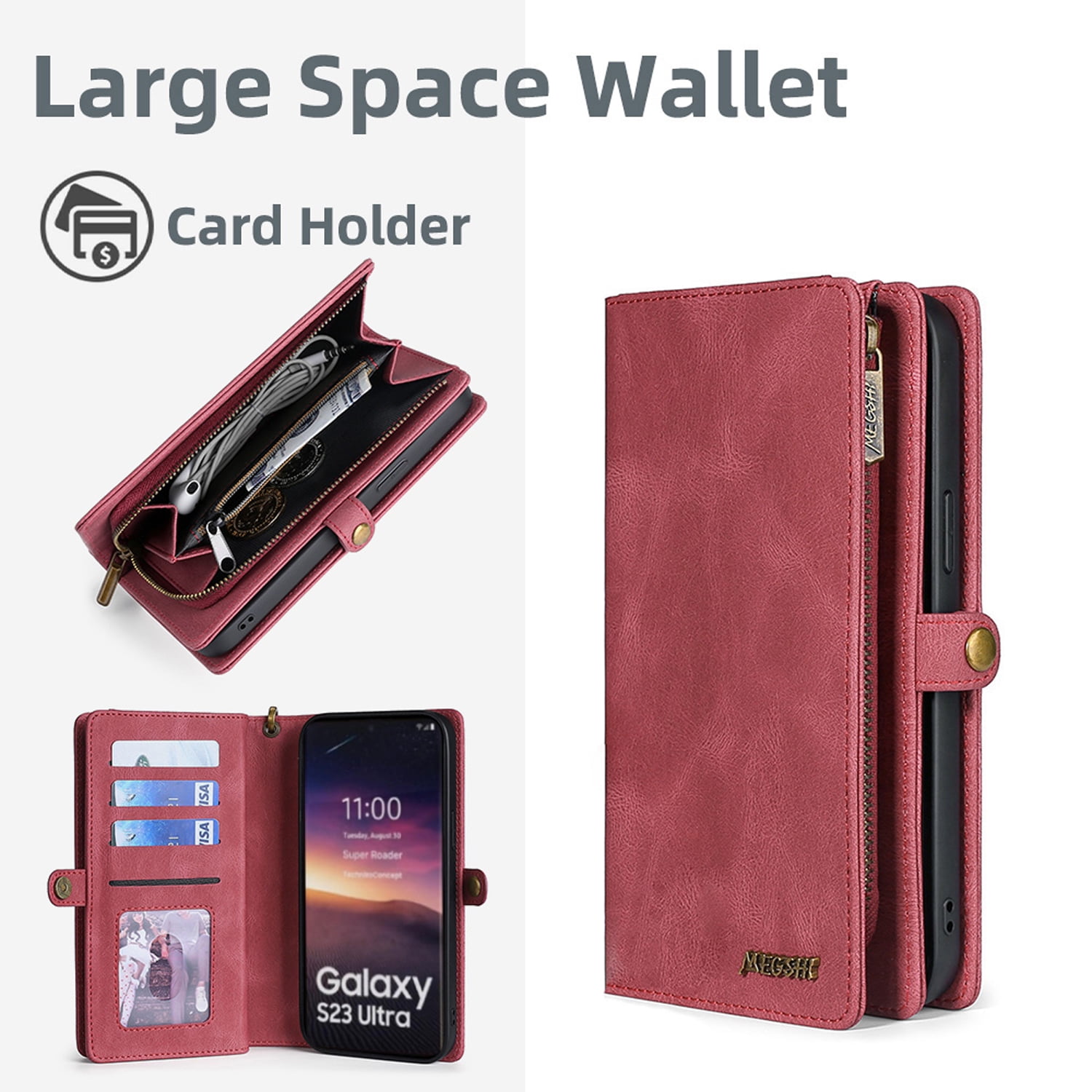 Detachable Wallet Case for Samsung Galaxy A42 5G, 2-in-1 Zipper Wallet with Credit Card Holder, PU Leather Wrist Strap Flip Stand Shockproof Removable Magnetic Purse Phone Cover, Red