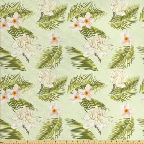 Leaves Fabric by the Yard Upholstery, Repetitive Tropical Blossoms Frangipani Palm Leaf in